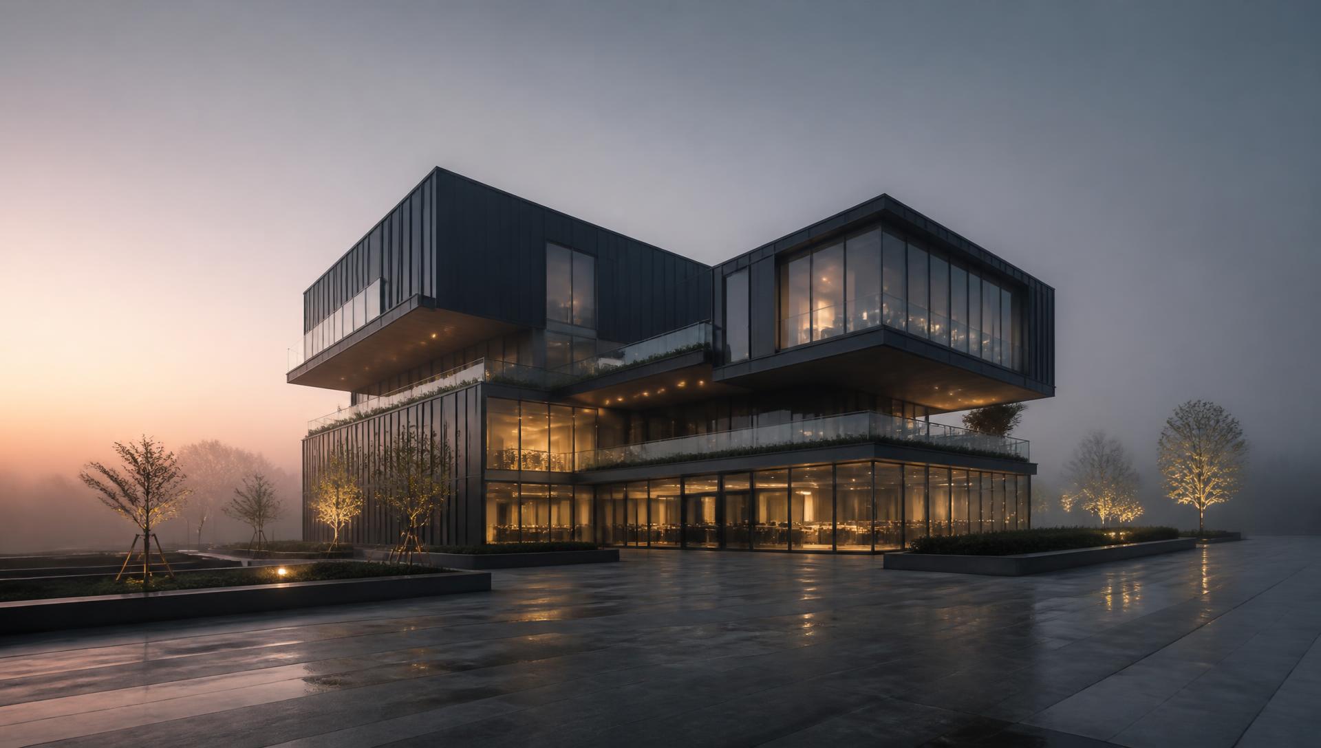 Bâtiment contemporain à usage mixte à l'aube
